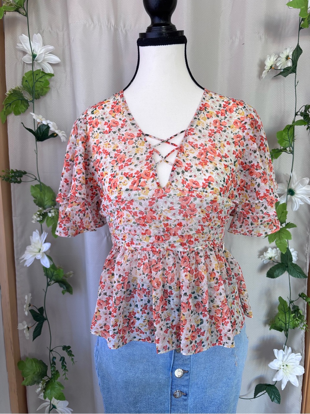 Feminine Light Weight Zara Bright Coral and Cream Floral Lace-Up Peplum Top- XS